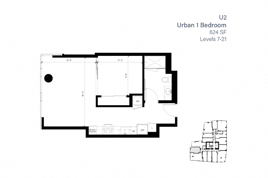 Floor plan for 1 bed, 1 bath, 624 sqft